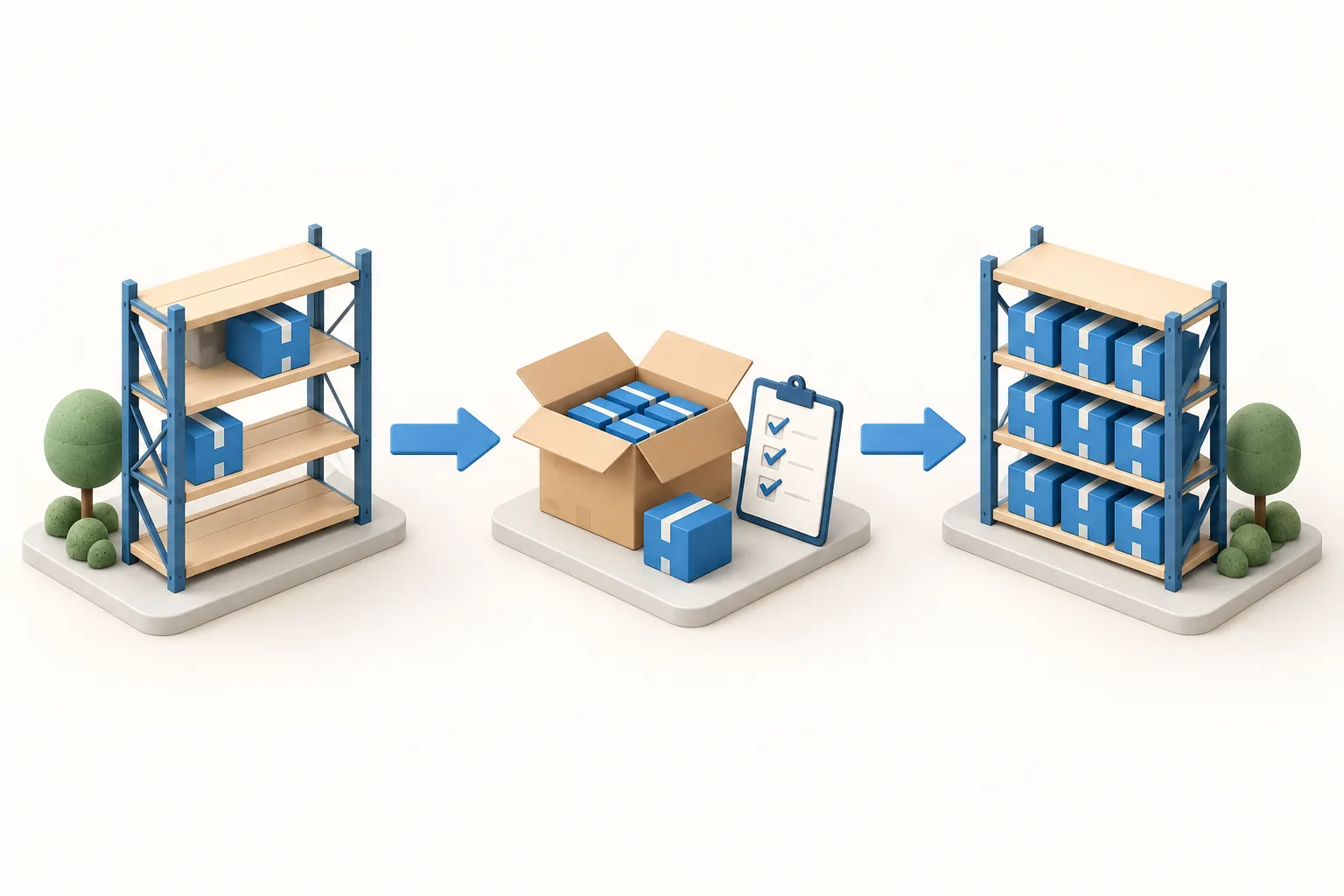Concept illustration of low stock, a supplier delivery checked at receiving, and a replenished shelf